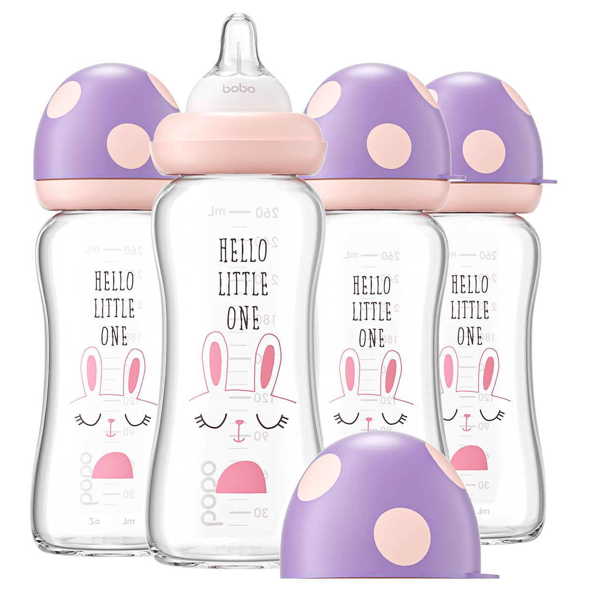 YOHKOH glass baby bottle wide neck pack of four for easy filling and cleaning.