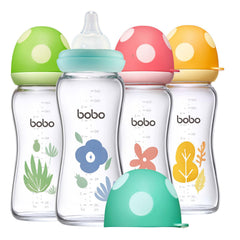 YOHKOH natural glass baby bottle with wide neck and mushroom cap promotes easy cleaning.