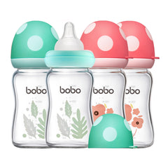 YOHKOH natural glass baby bottle with wide neck and mushroom pattern for easy filling and cleaning.