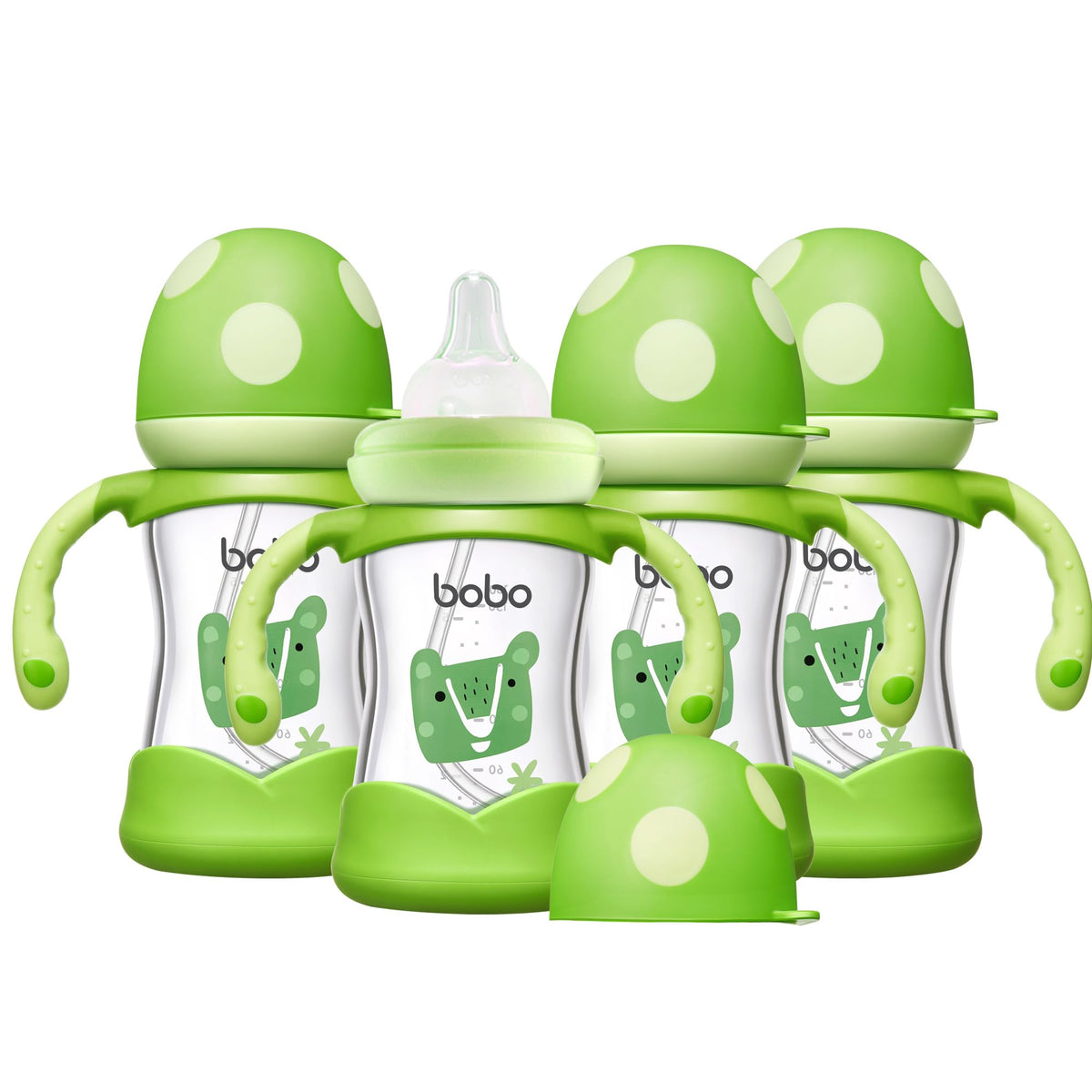 YOHKOH natural glass baby bottle with nipple shows clear milk flow for easy feeding.
