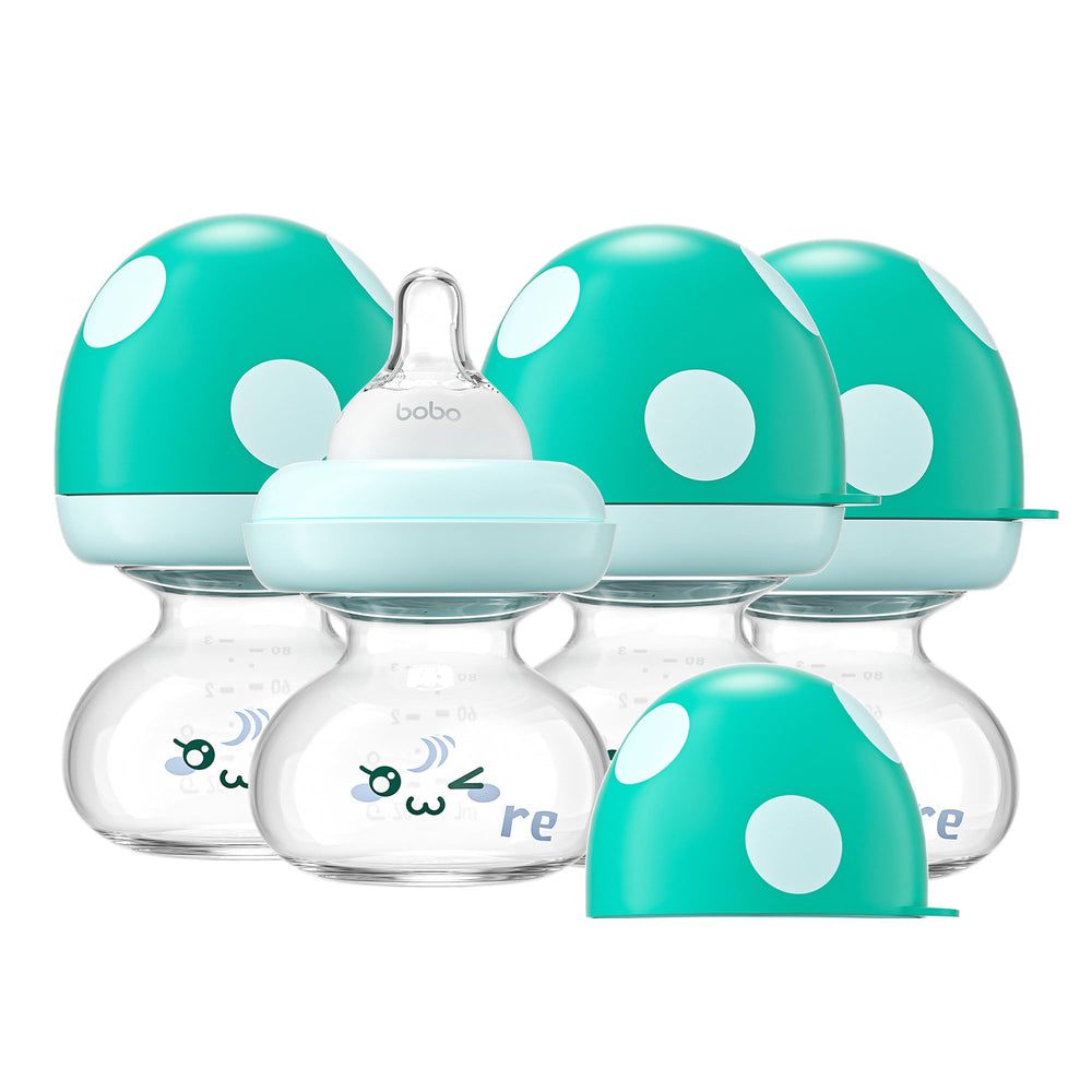YOHKOH newborn glass bottle blue 4-pack, wide neck for easy filling and cleaning.