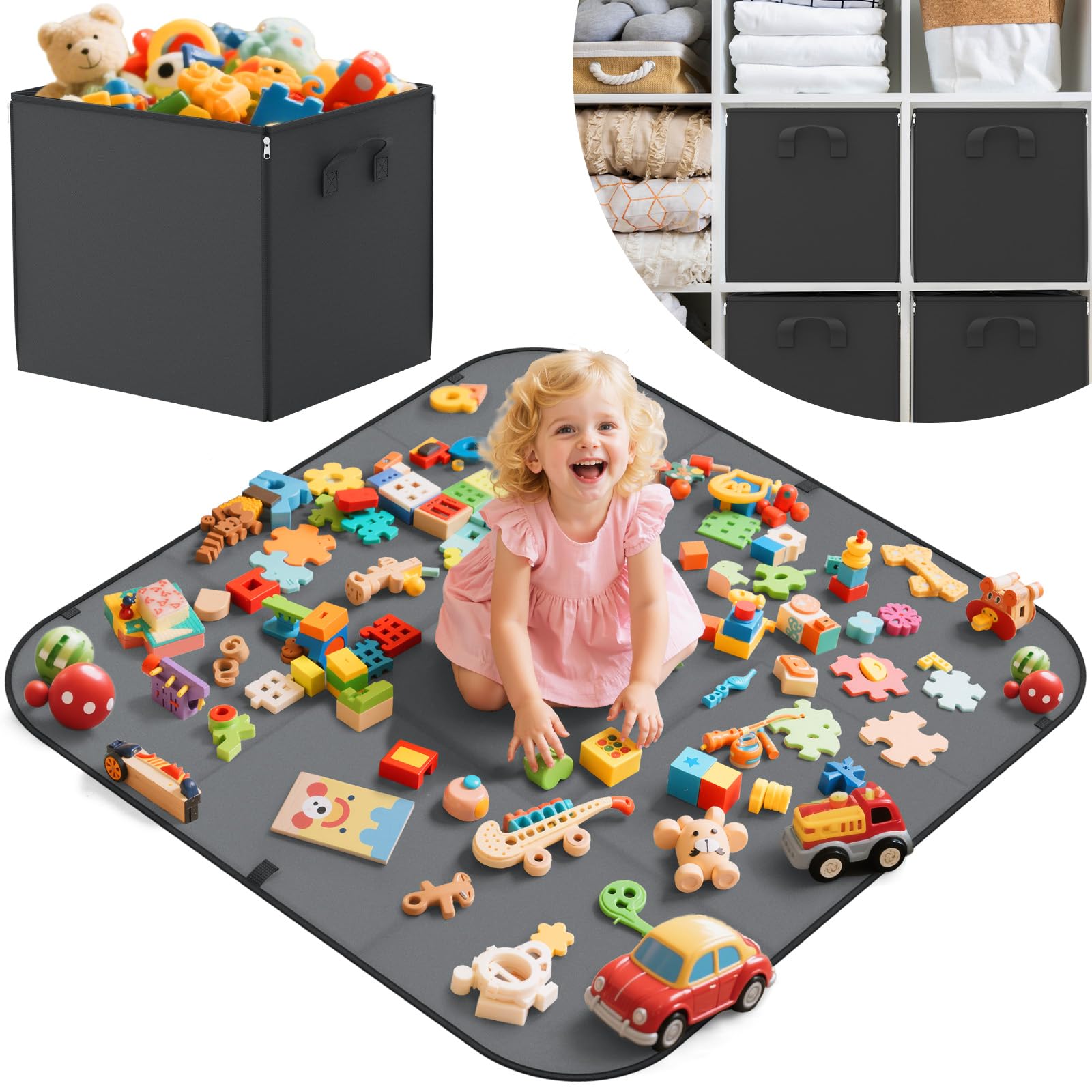 YOHOOLYO 2-in-1 toy storage play mat cube, folds for simple cleanup after playtime.