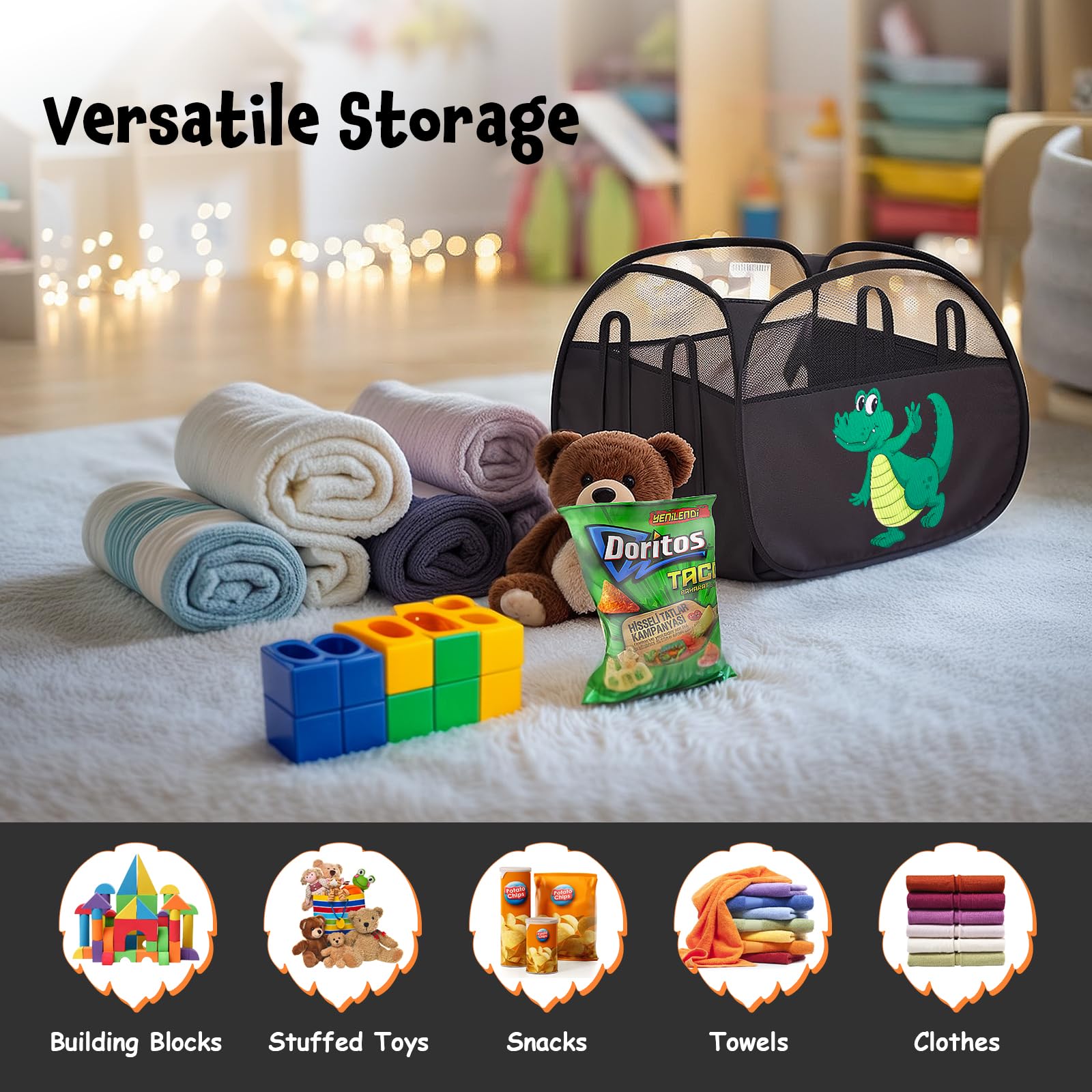 YOHOOLYO 95L toy storage basket side view with lion pattern for playroom charm