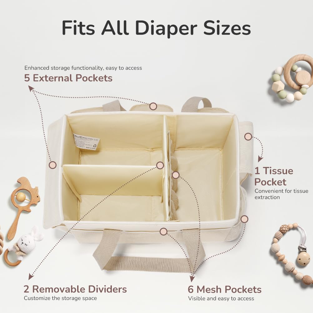 YOHOOLYO diaper caddy with removable dividers customizes storage for diapers, wipes, and creams