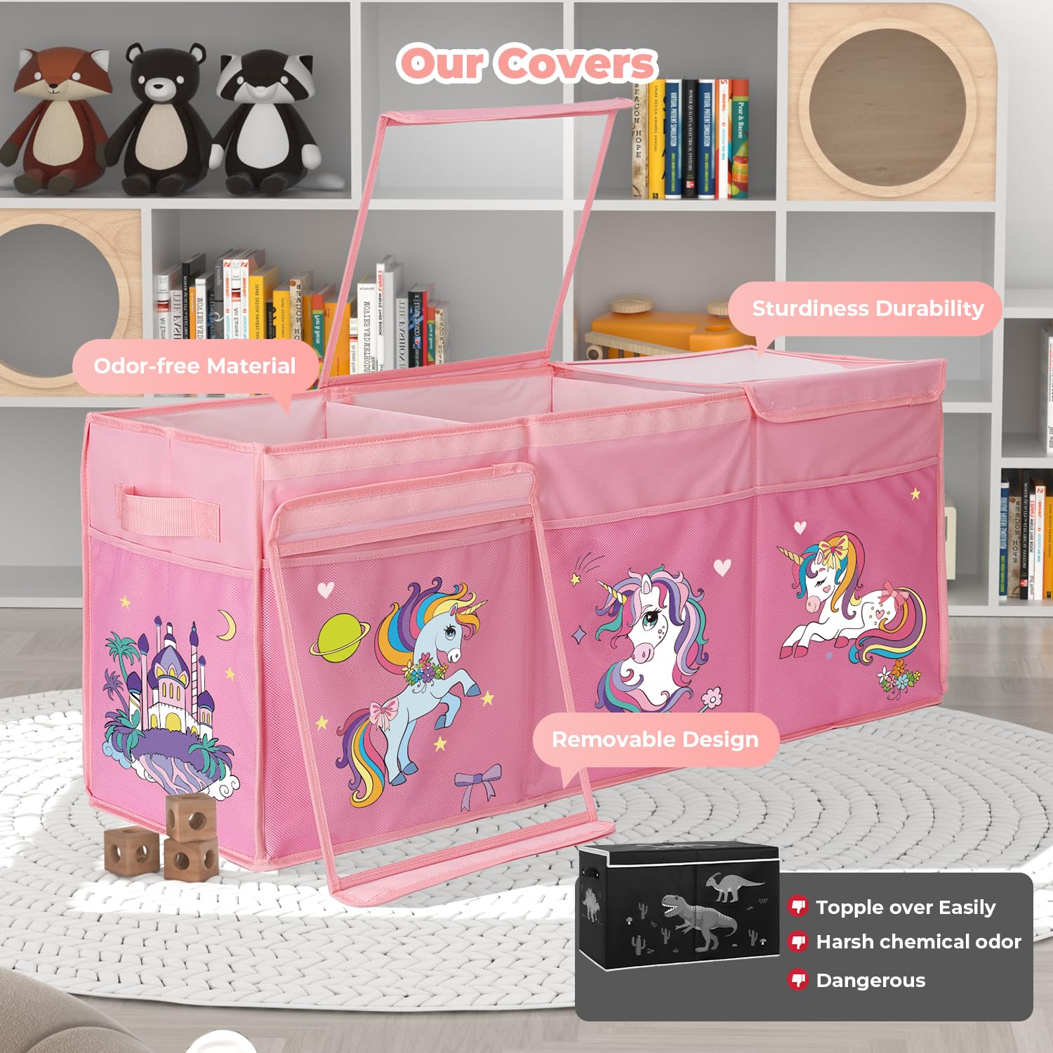 YOHOOLYO toy box side pockets with animal-print for small parts