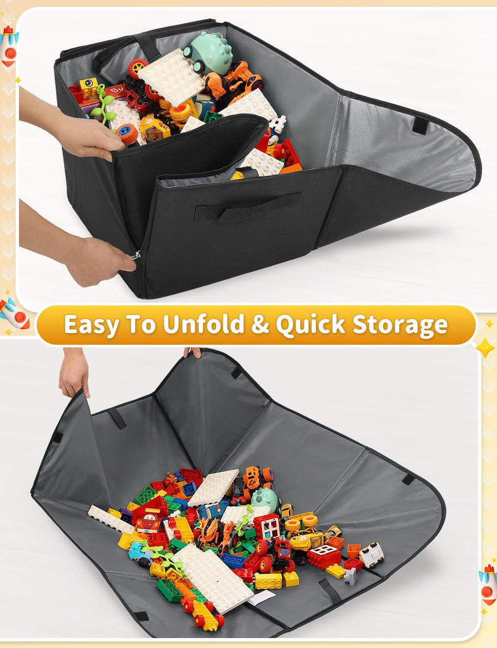 YOHOOLYO toy storage mat unfolded into a 43 by 43 inch play area.