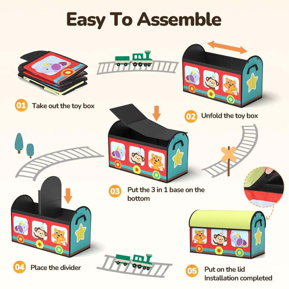 YOHOOLYO storage includes a divider to organize toys, balls, and tracks.