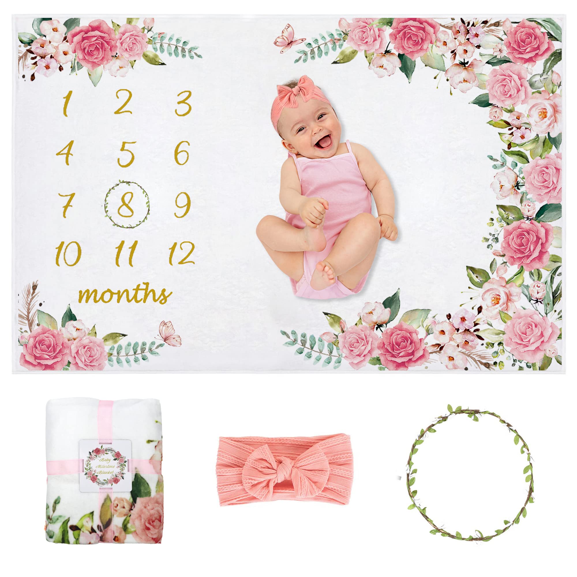 Yokakio milestone blanket flatlay with floral wreath for monthly photos.