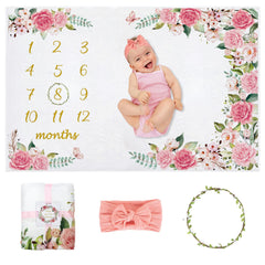 Yokakio milestone blanket flatlay with floral wreath for monthly photos.
