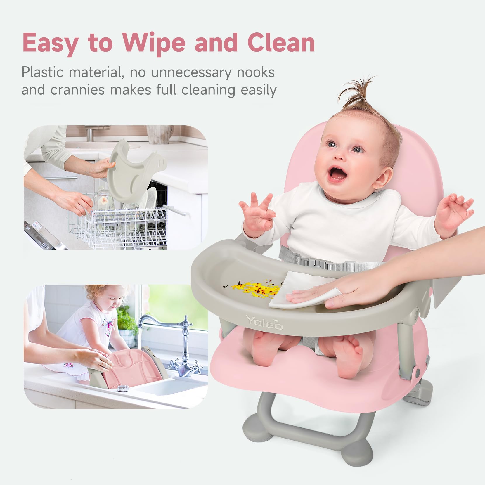 YOLEO booster seat cleans easily with dishwasher-safe tray and wipeable surface