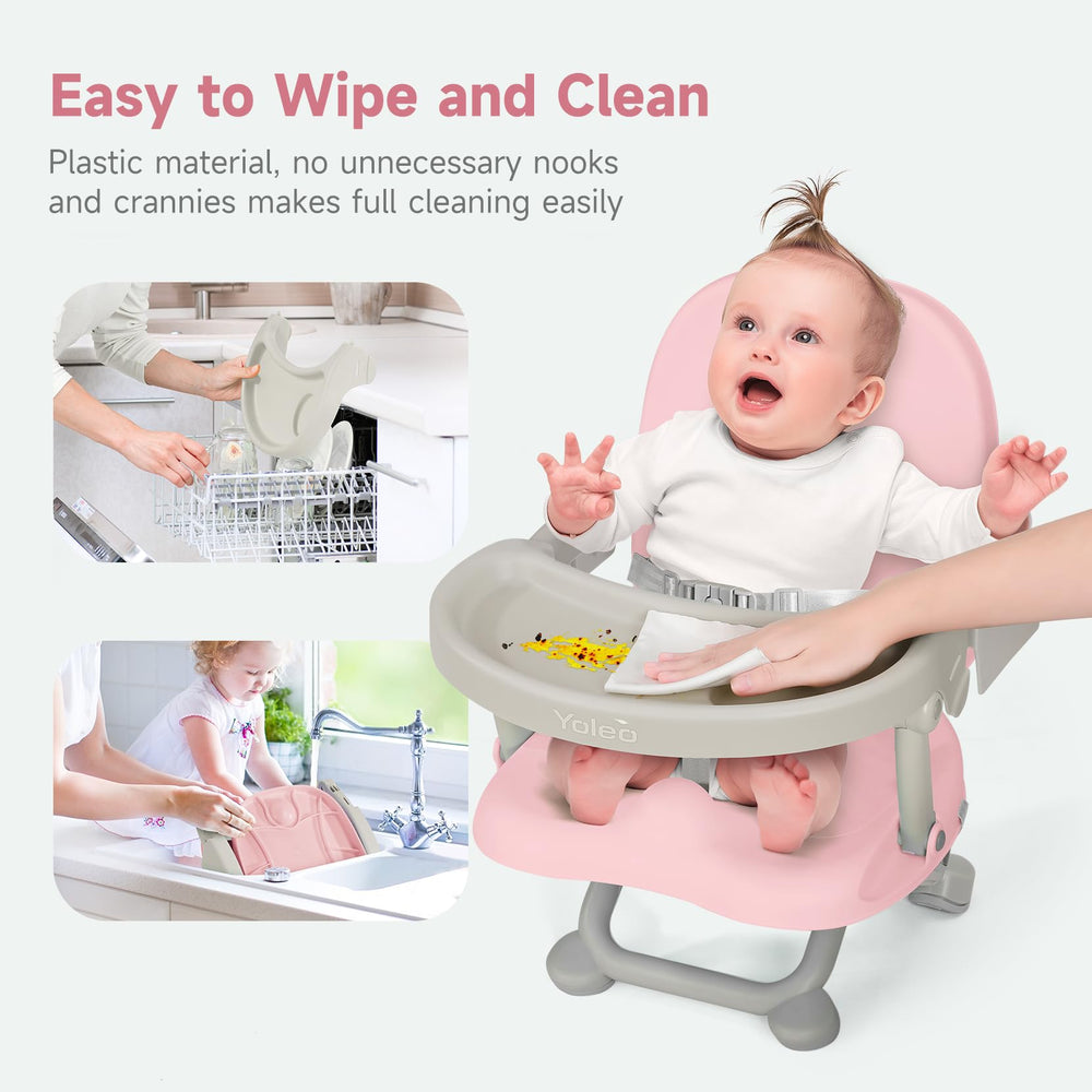 YOLEO booster seat cleans easily with dishwasher-safe tray and wipeable surface