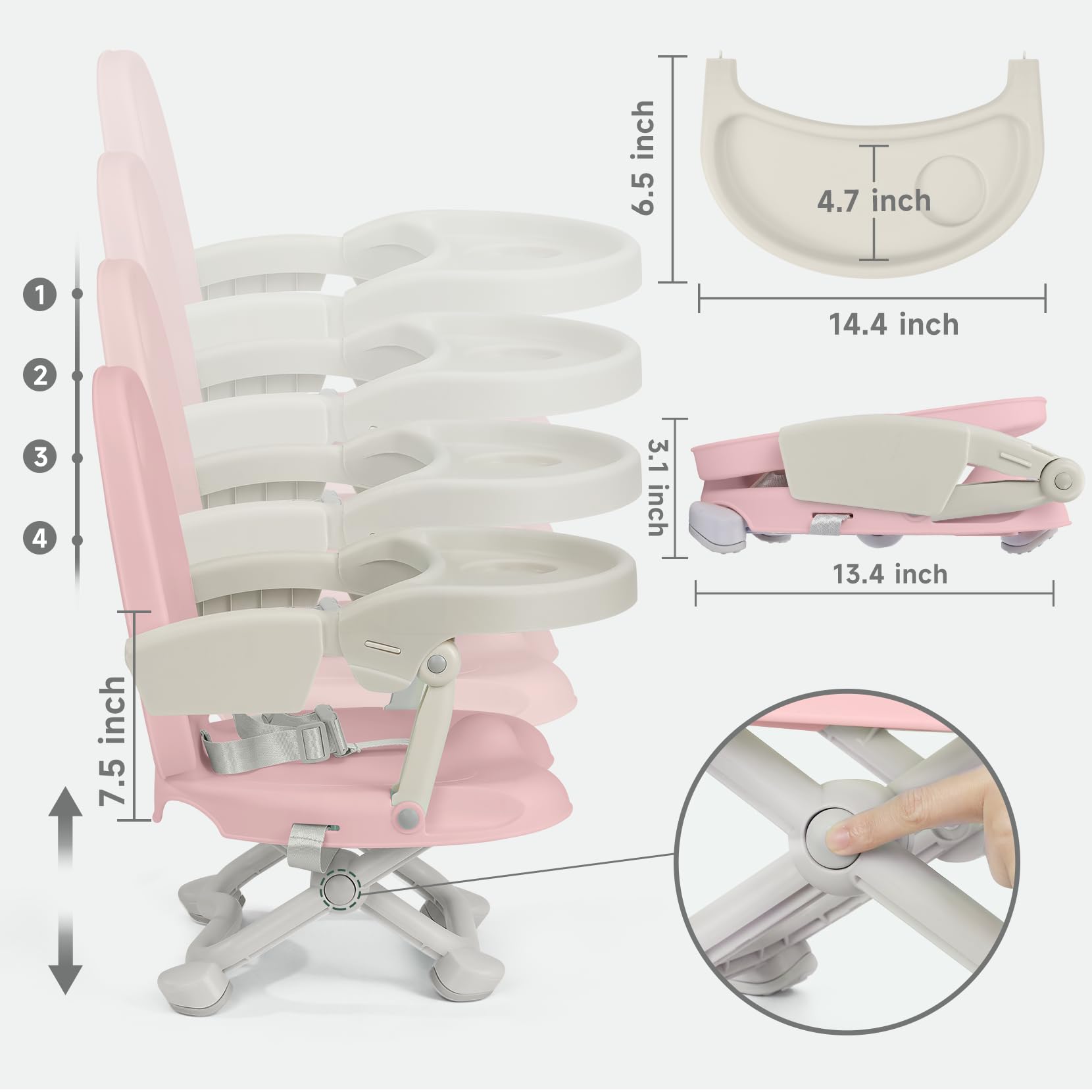 YOLEO adjustable-height booster demonstrating four dining table levels