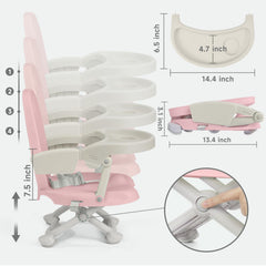 YOLEO adjustable-height booster demonstrating four dining table levels