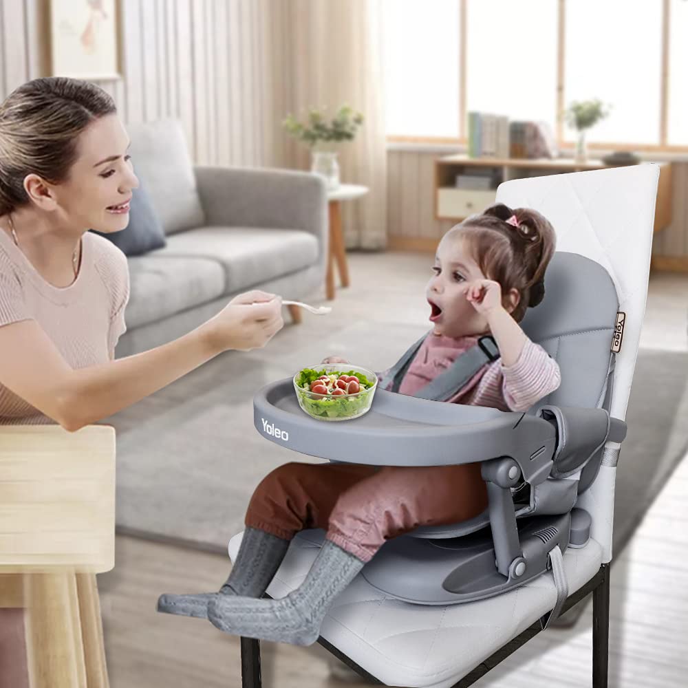 YOLEO high chair booster with tray attachment ready for mealtime
