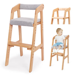 YOLEO wooden high chair natural color with adjustable seat for growing children.