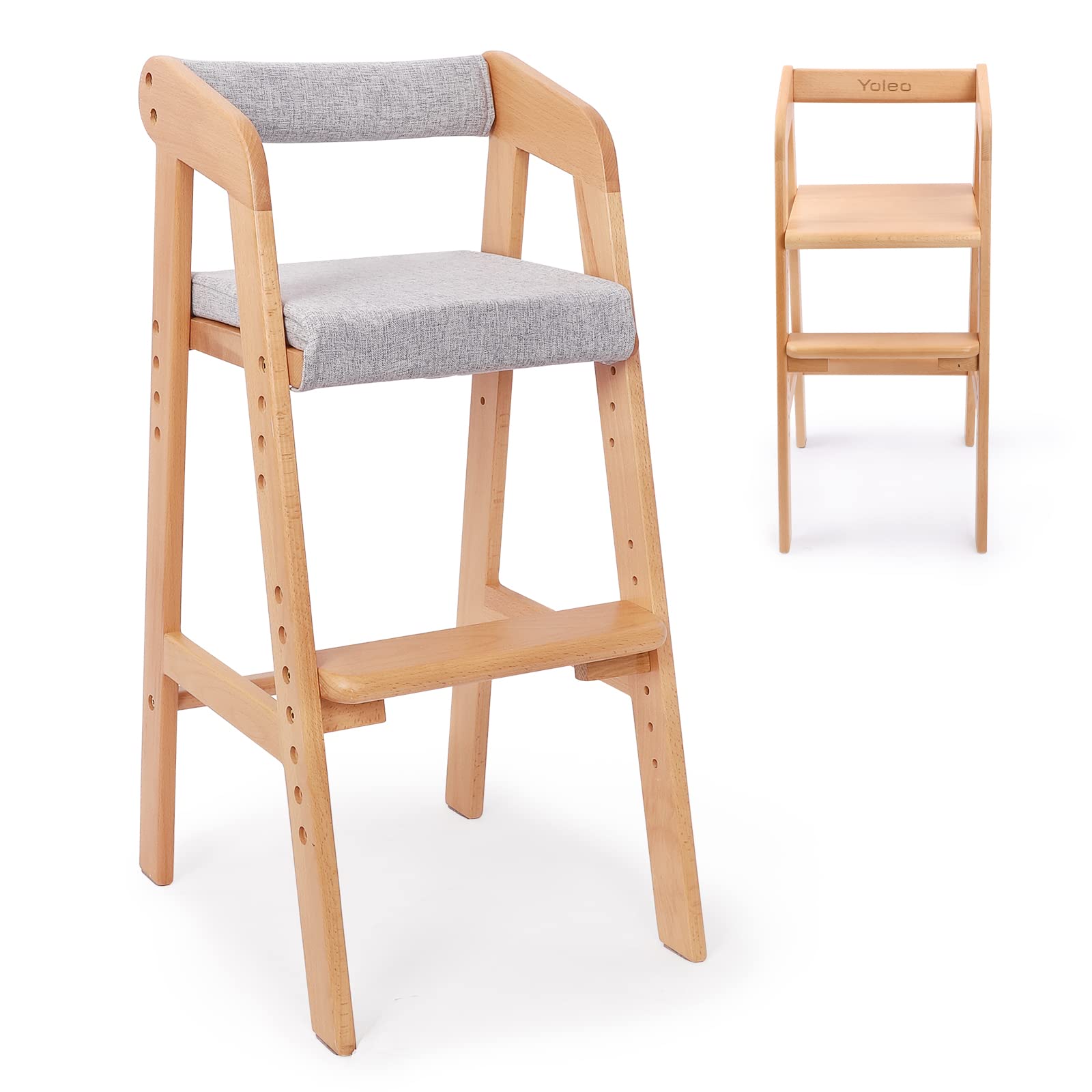 YOLEO wooden high chair removable cushion for easy cleaning.