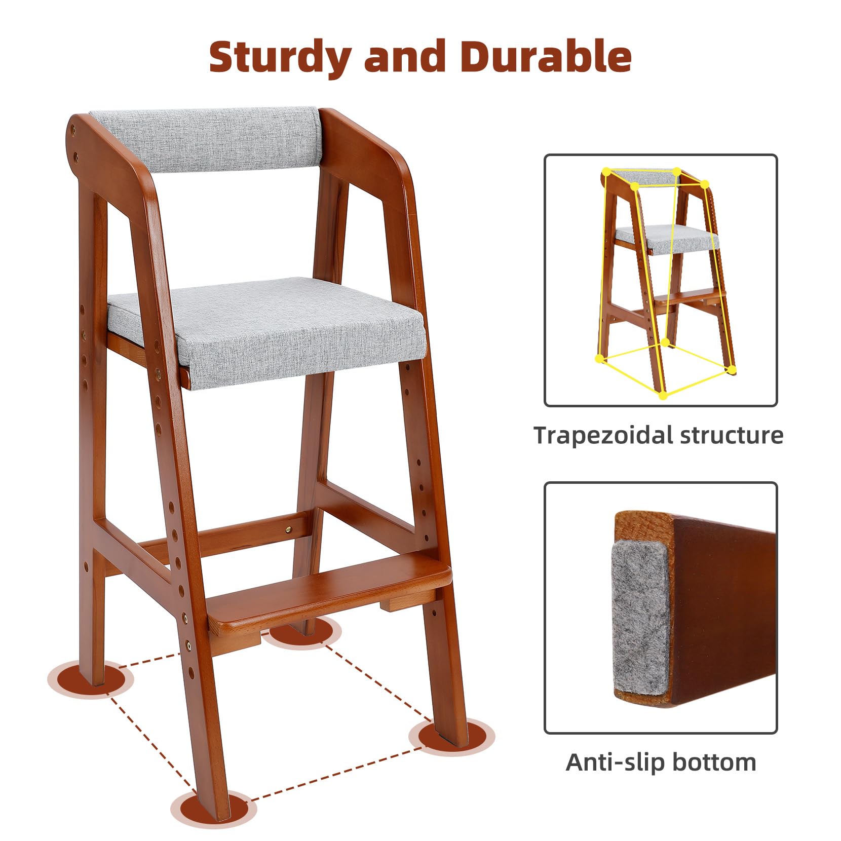 YOLEO wooden high chair doubles as a sturdy step stool for kitchen and reading.