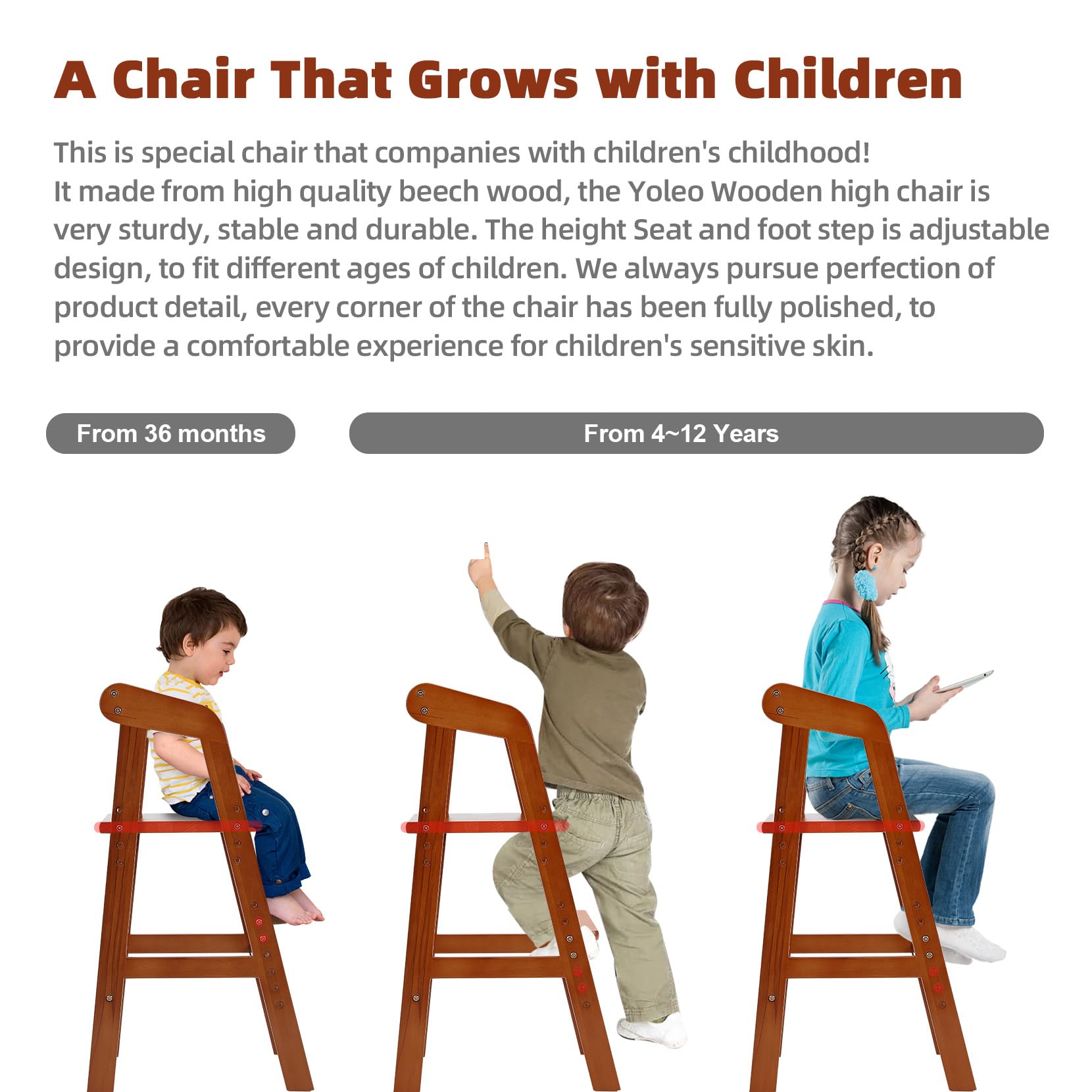 YOLEO wooden high chair with steps enables safe, easy climbs.