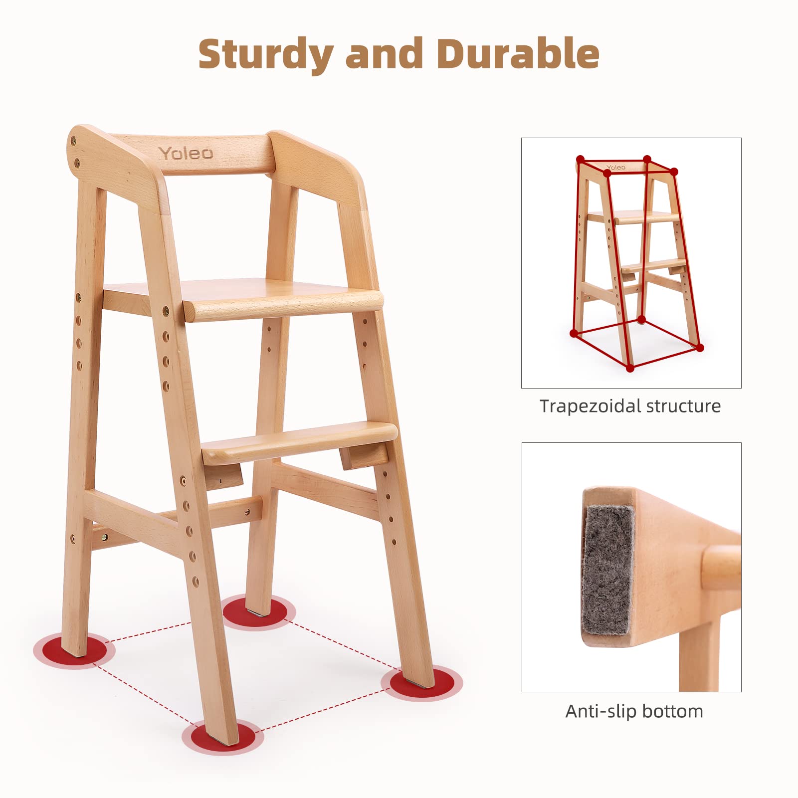 YOLEO wooden high chair made of beech wood for stability.
