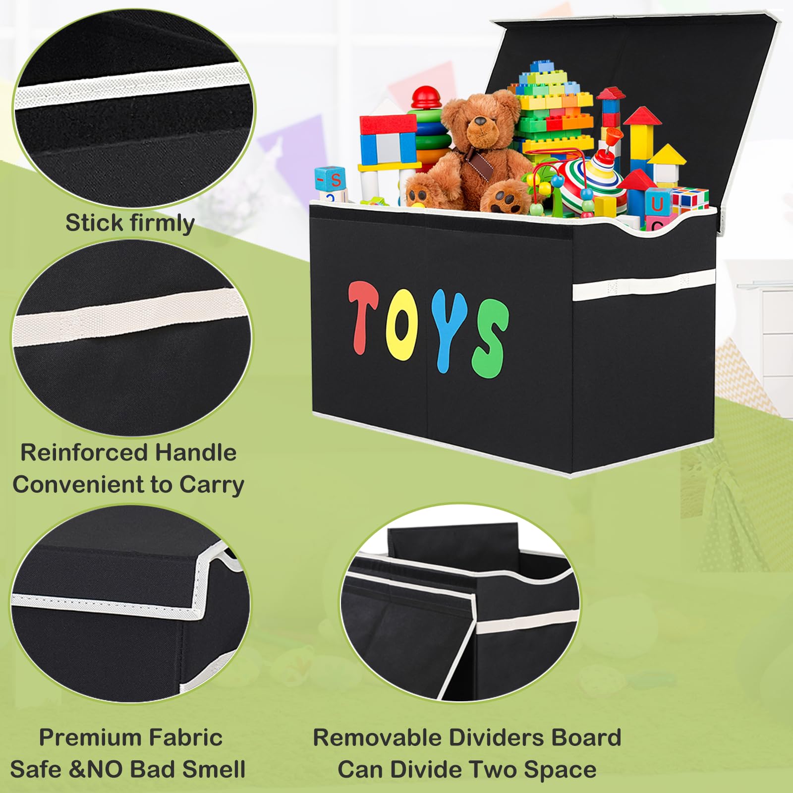 YOLOXO playroom storage bin lid hides clutter and dust.