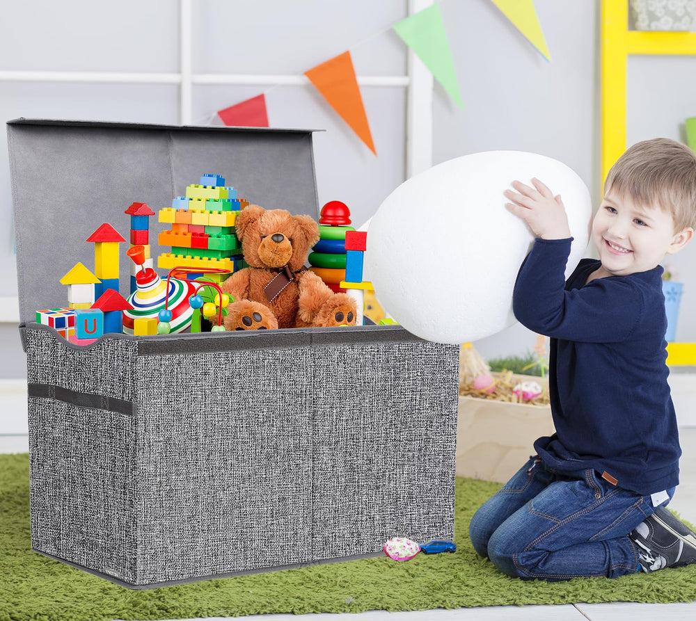 YOLOXO Toy Box Chest in linen gray blends with modern playroom decor.