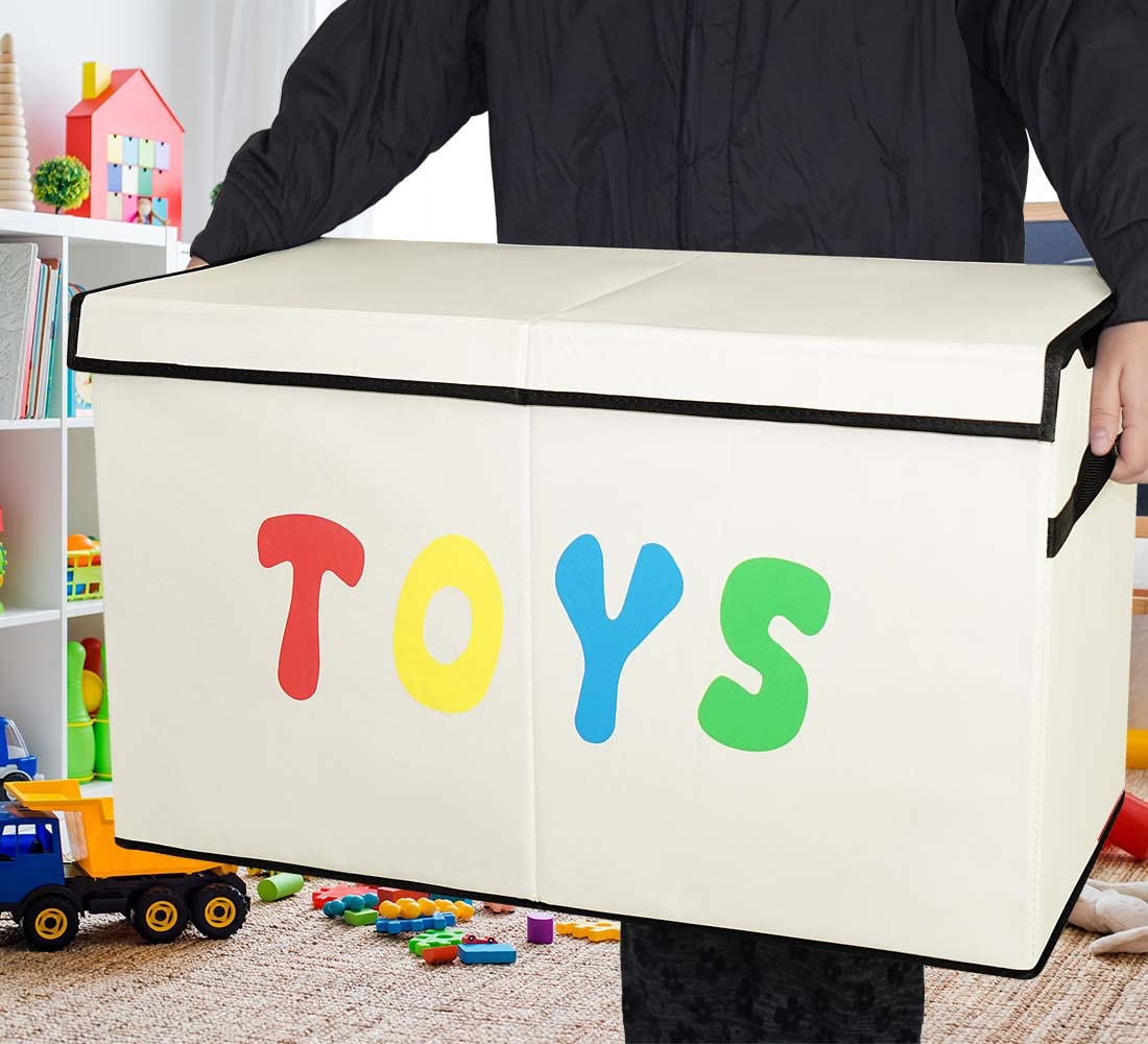 YOLOXO Toy Box Chest placed in a living room helps organize toys and clutter.