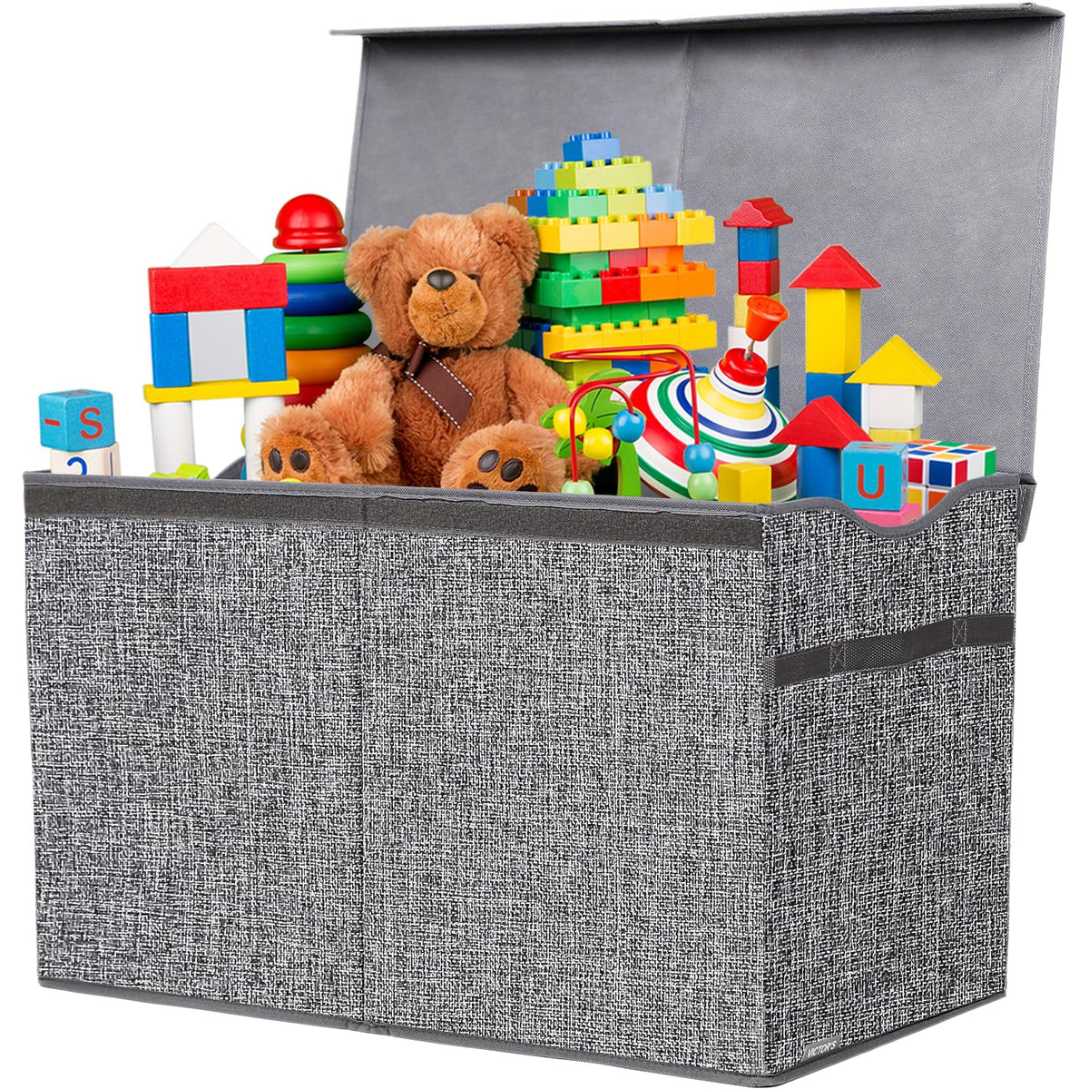 YOLOXO Toy Box Chest linen gray front view highlights sturdy storage for kids' rooms.