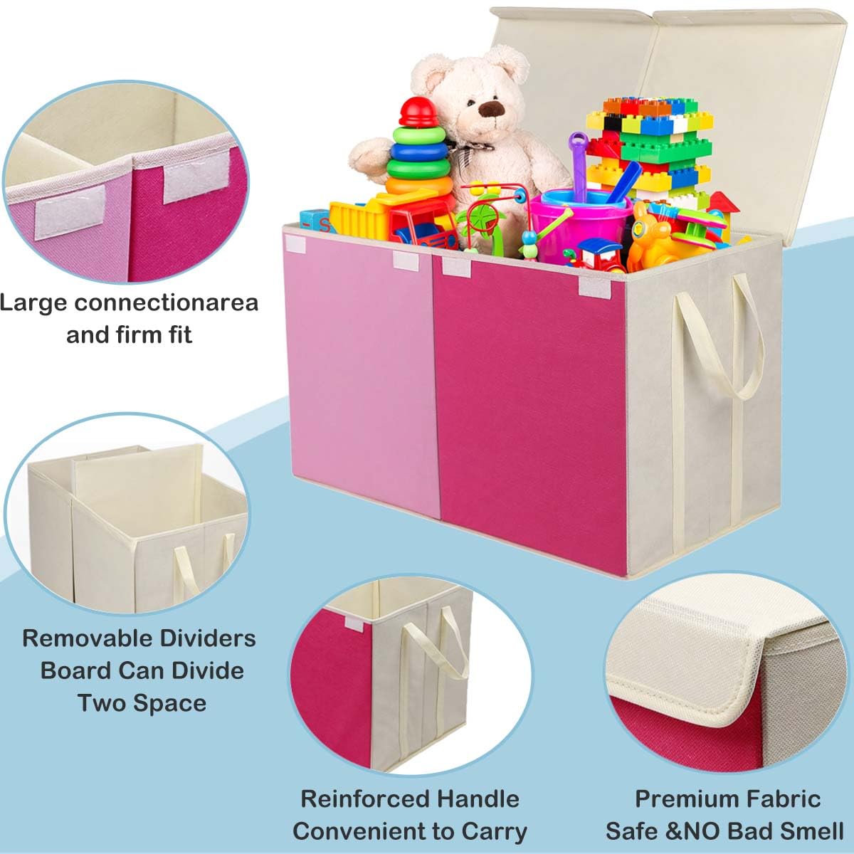 YOLOXO toy box chest side view with soft handles for portability