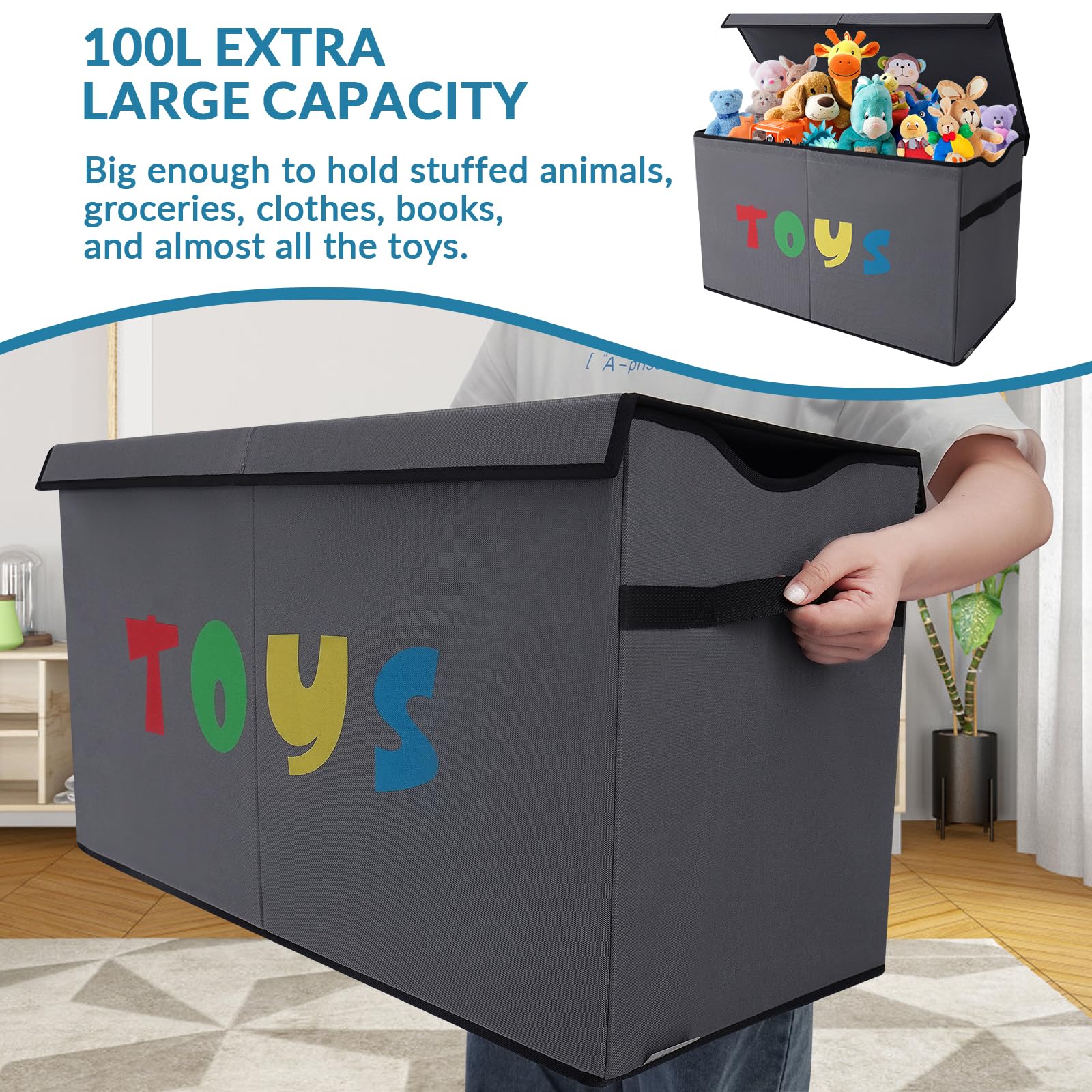 YOLOXO Toy Box Chest side view shows sturdy structure and easy-to-move handles