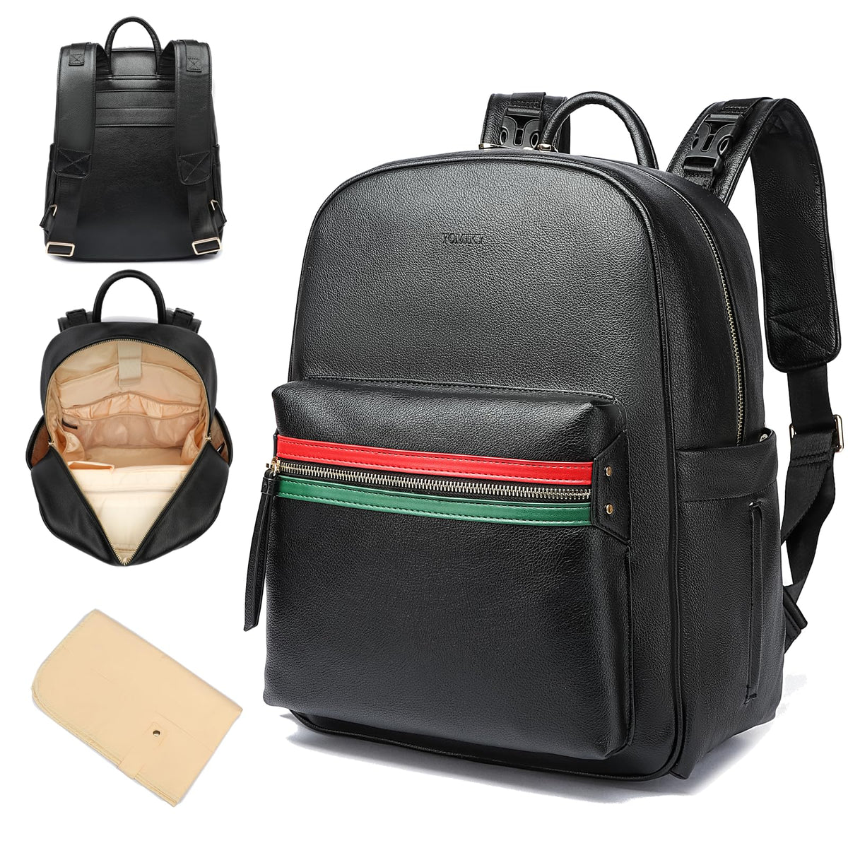 Yomiky leather diaper bag backpack full setup shows spacious capacity for diapers and bottles.