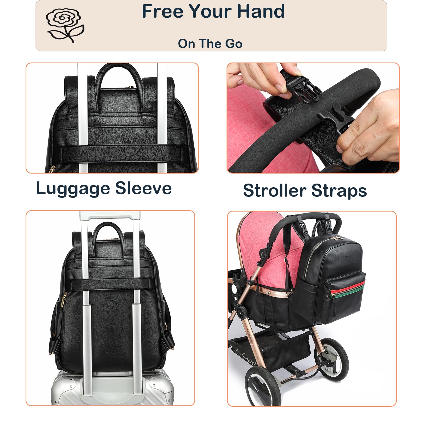 Yomiky leather diaper bag backpack handheld strap for quick grab-and-go moments.