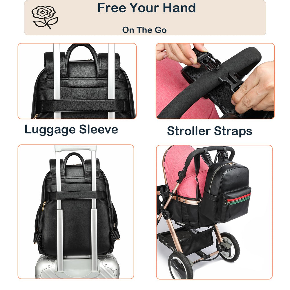 Yomiky leather diaper bag backpack handheld strap for quick grab-and-go moments.