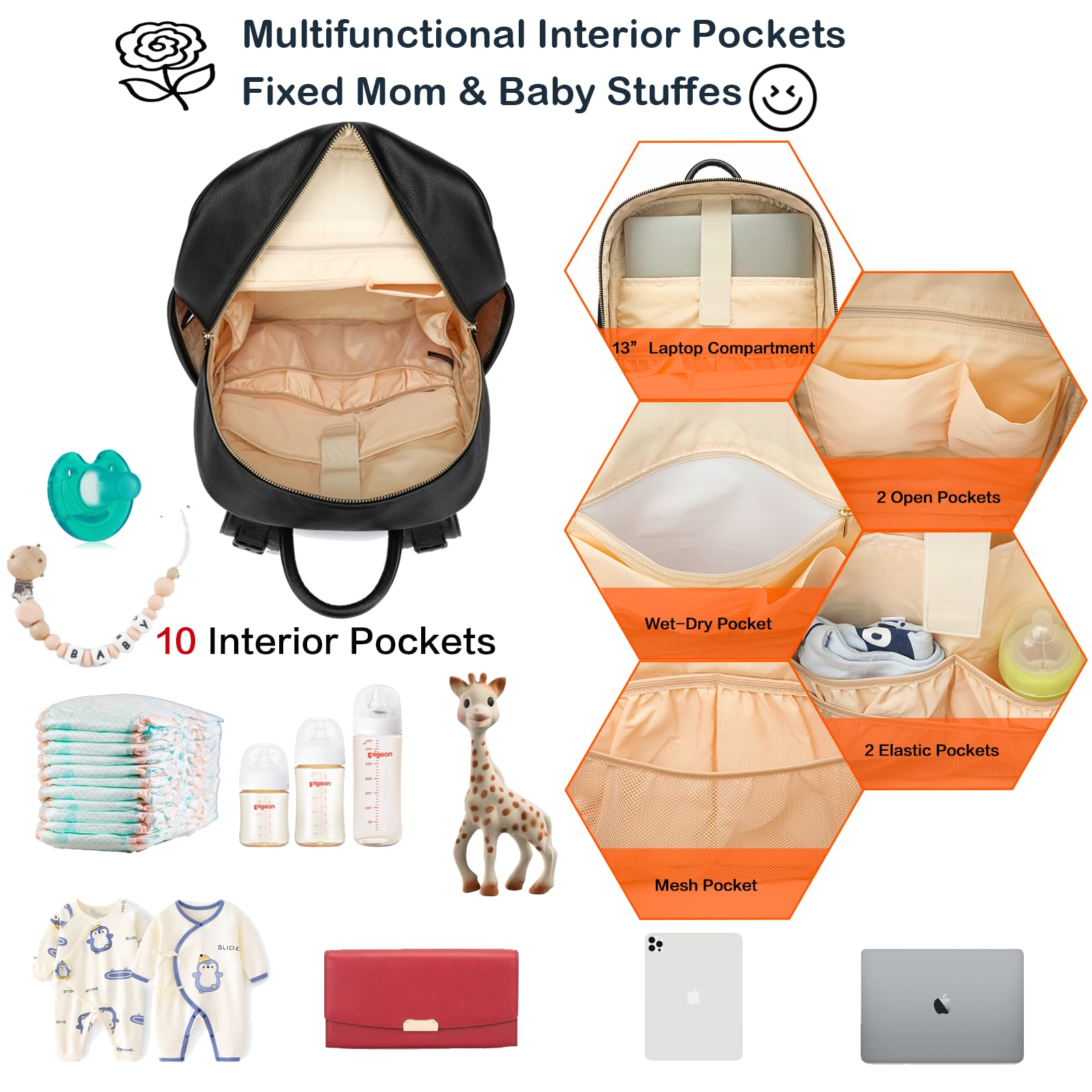 Yomiky leather diaper bag backpack interior pockets organized storage for quick on-the-go access.