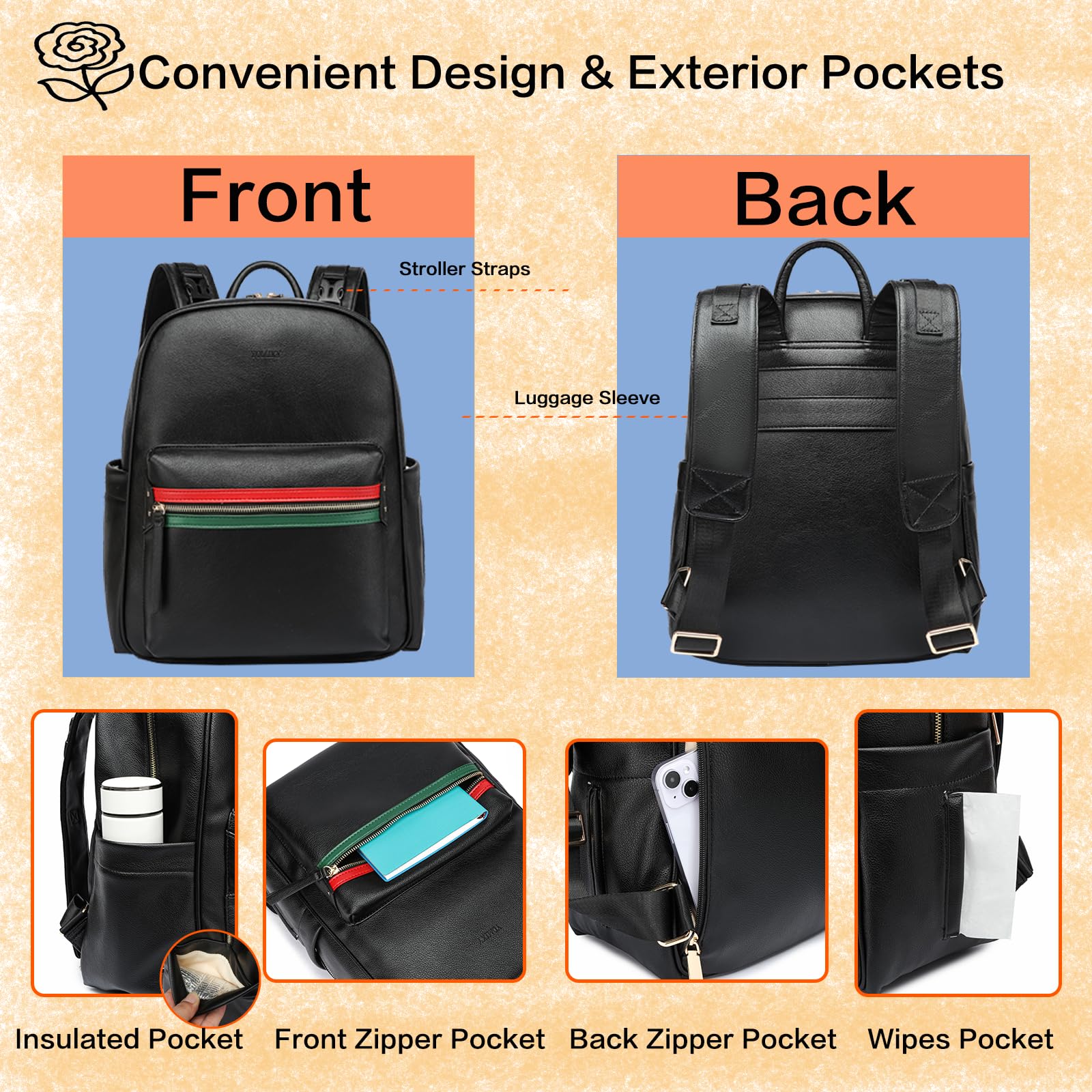 Yomiky leather diaper bag backpack waterproof design with changing pad keeps essentials dry.