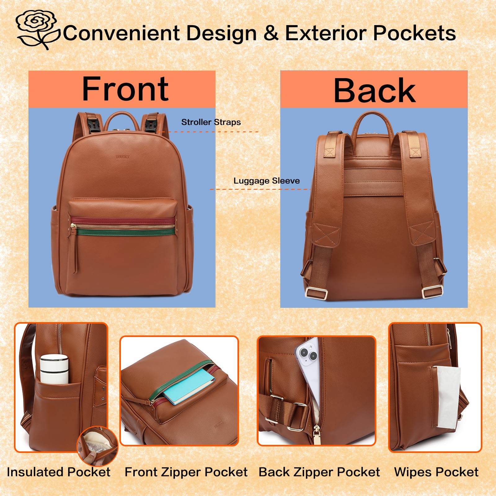 Yomiky diaper bag with changing pad highlights hygienic diaper changes anywhere.