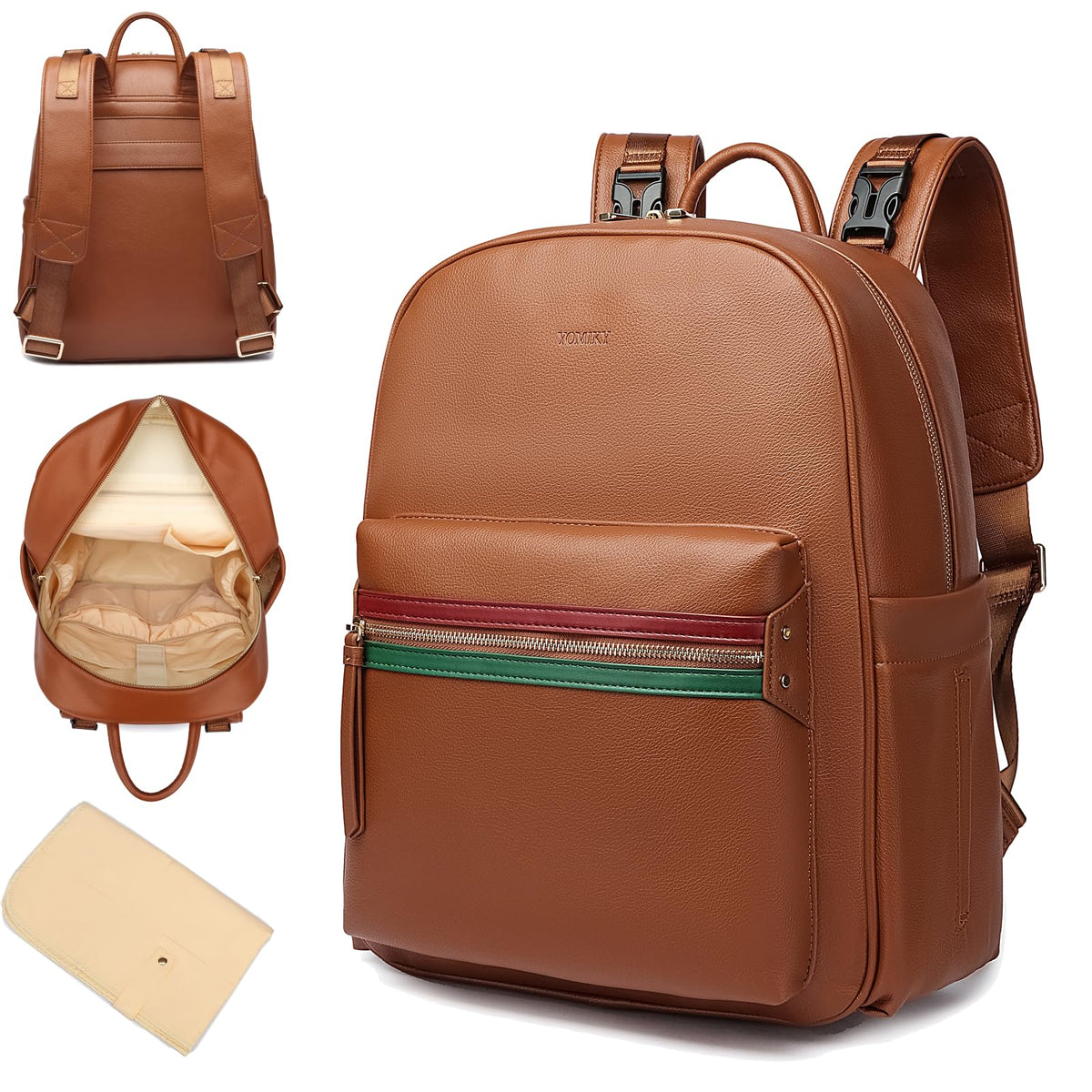 Yomiky leather diaper bag backpack front view shows large organized pockets for busy outings.