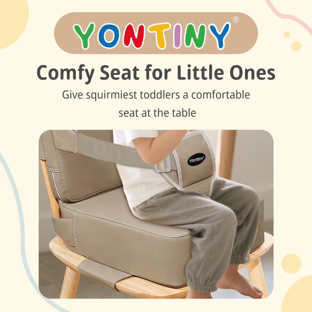 YONTINY booster seat in-use at dining table helps kids join family dinners.