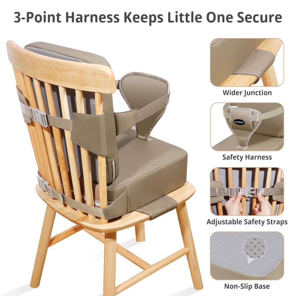 YONTINY booster seat travel-friendly design fits in bags for dining out.