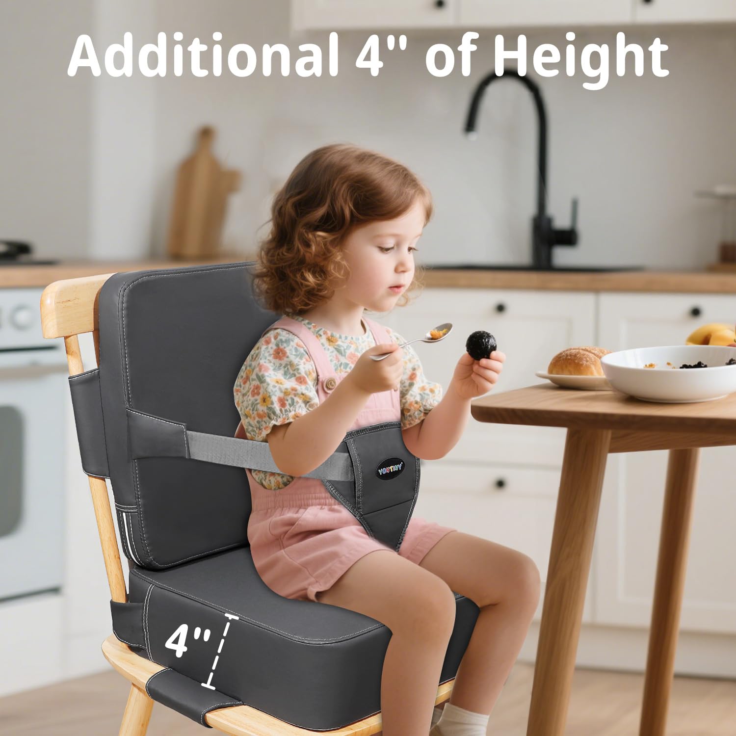 YONTINY Toddler Booster Seat easy-clean PU leather simplifies quick wipe-downs after meals.