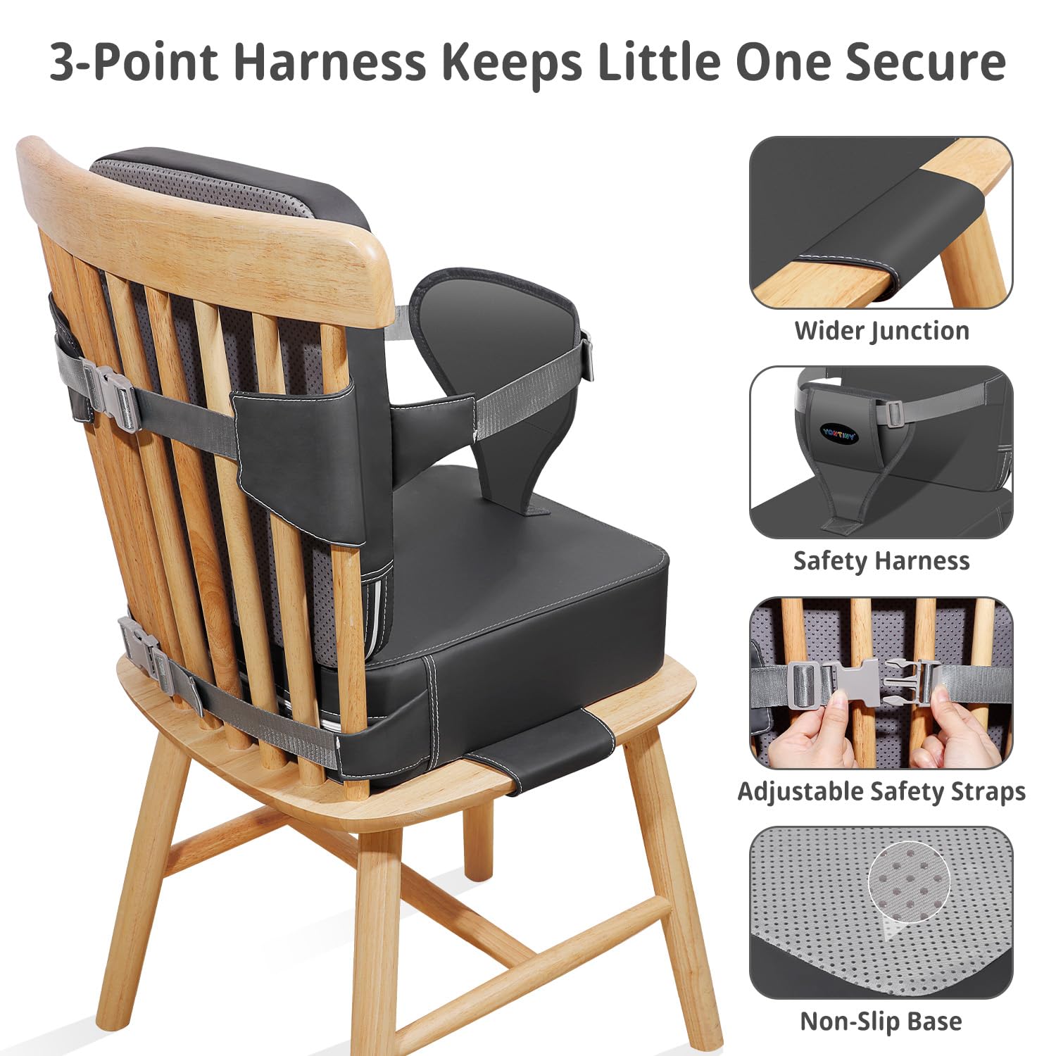 YONTINY Toddler Booster Seat portable design travels easily for dining out.