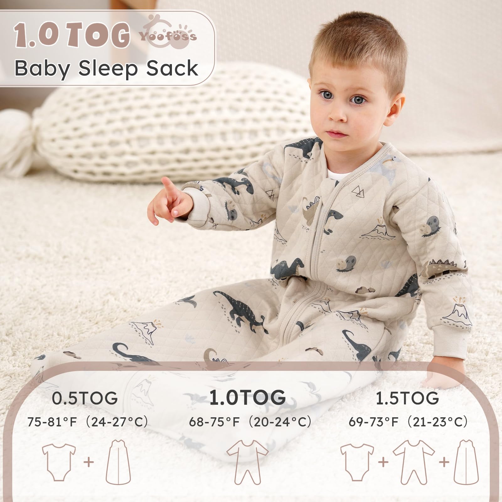 Yoofoss 1.0 tog sleep sack in use provides all-season comfort in cool rooms.