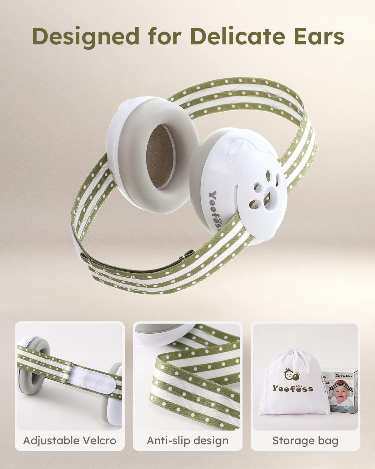 Yoofoss earmuffs with adjustable Velcro for a secure, growing fit.