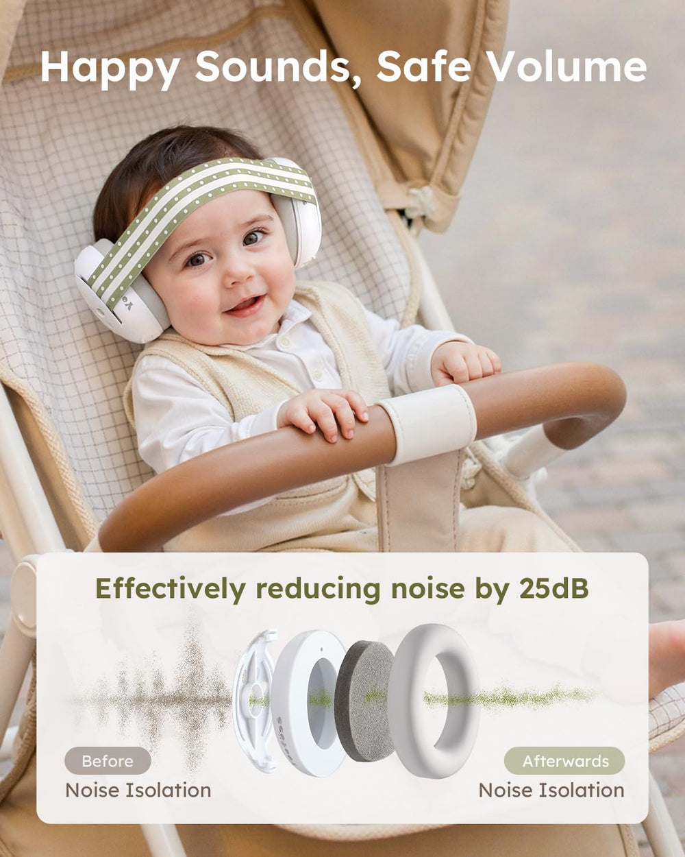 Yoofoss baby earmuffs on a baby wearing them for gentle, comfortable noise protection.