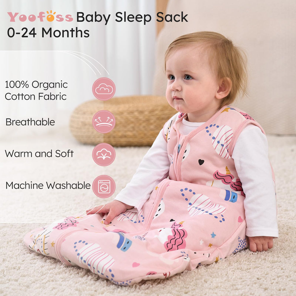 Yoofoss sleep sack with hip-friendly design supports comfortable leg movement.
