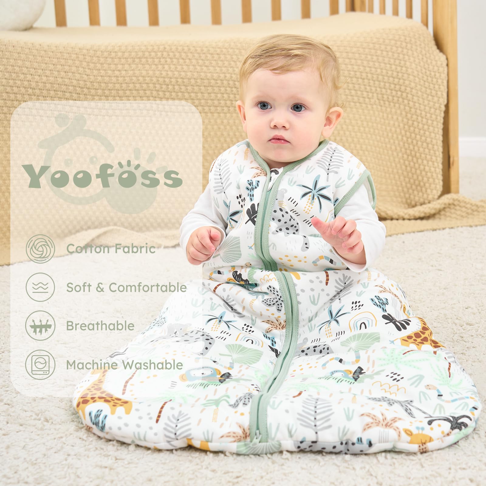 Yoofoss sleep sack with a 2-way zipper for easy night diaper changes.