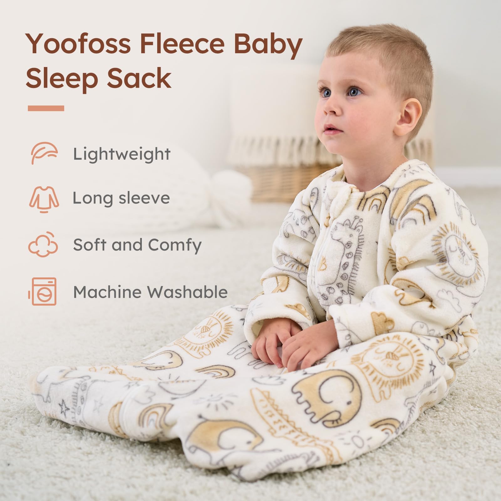Yoofoss sleep sack 2-way zipper detail shows easy dressing and night-time changes.