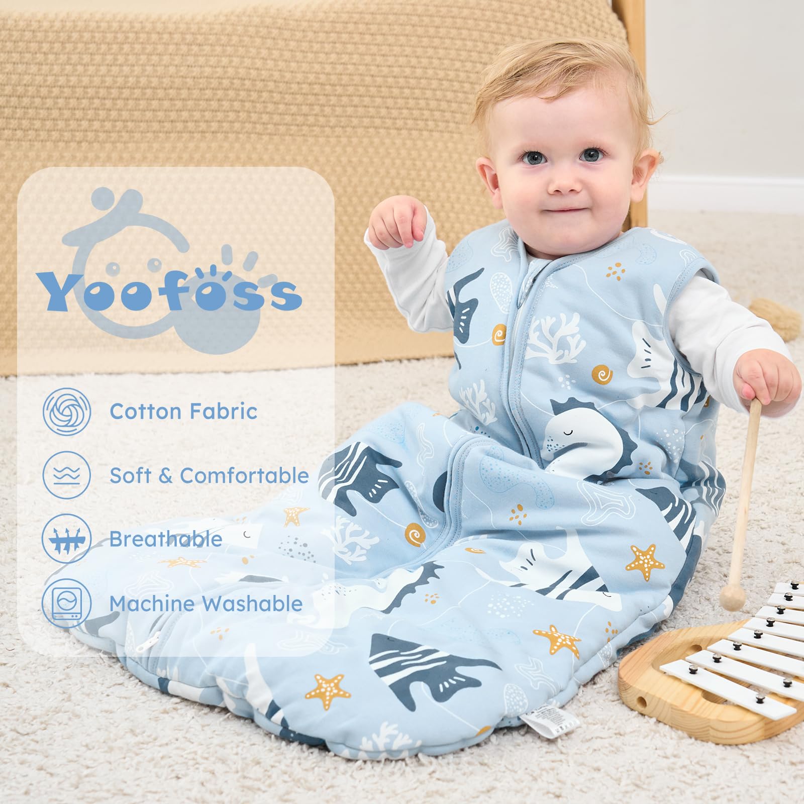 Yoofoss sleep sack with 2-way zipper enables easy diaper changes