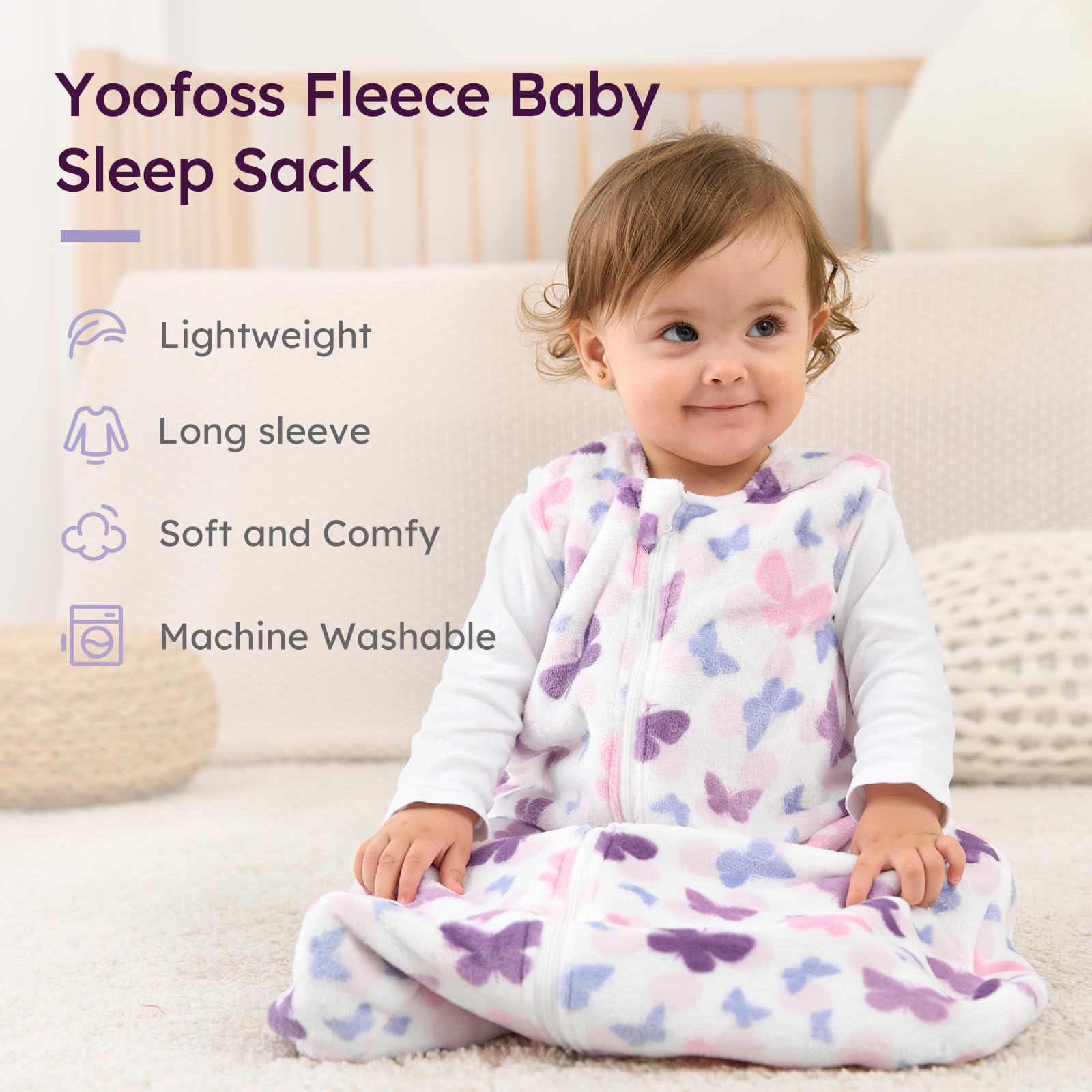 Yoofoss baby sleep sack showing 2-way zipper for easy dressing and changes