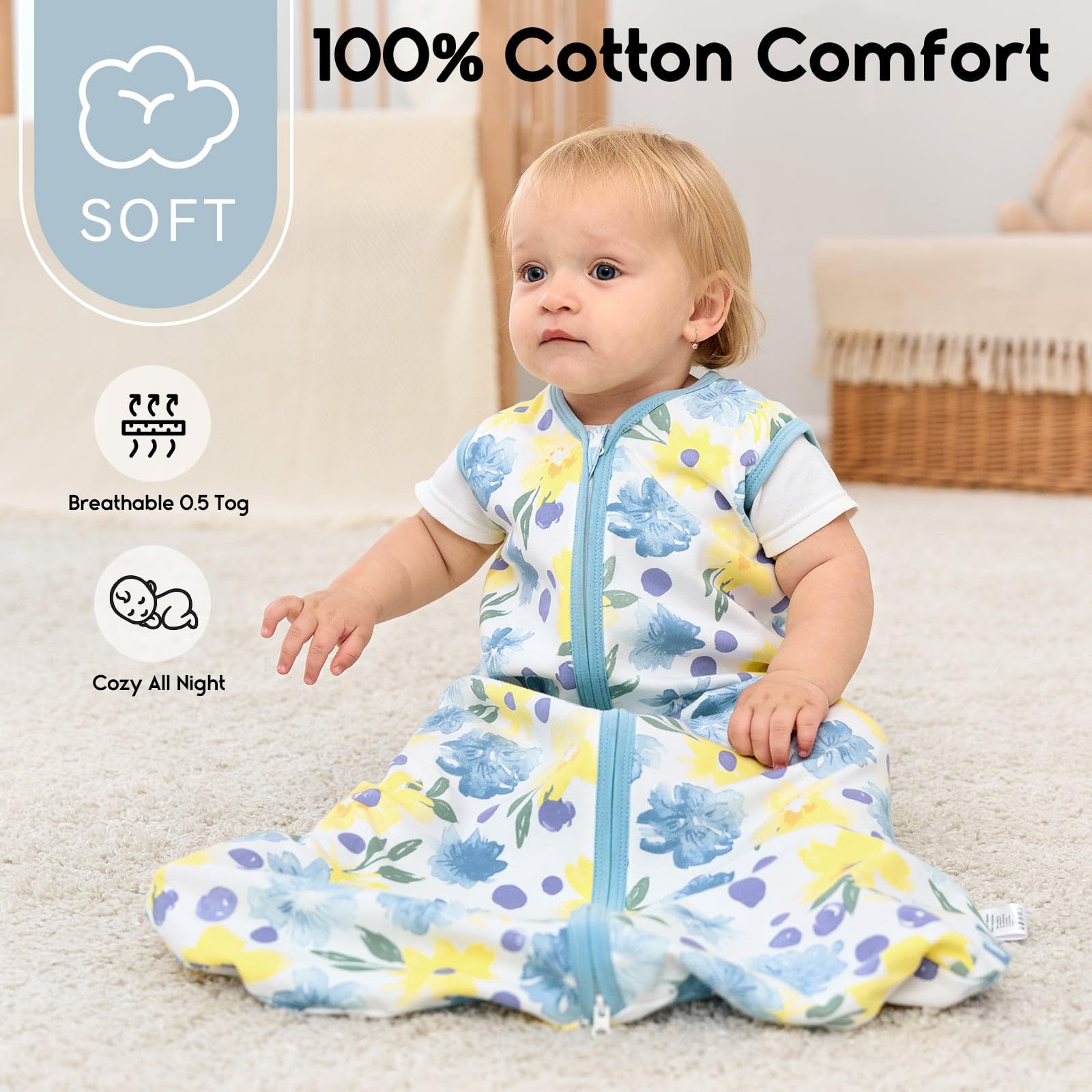 Yoofoss baby sleep sack 2-way zipper enables easy nighttime diaper changes.
