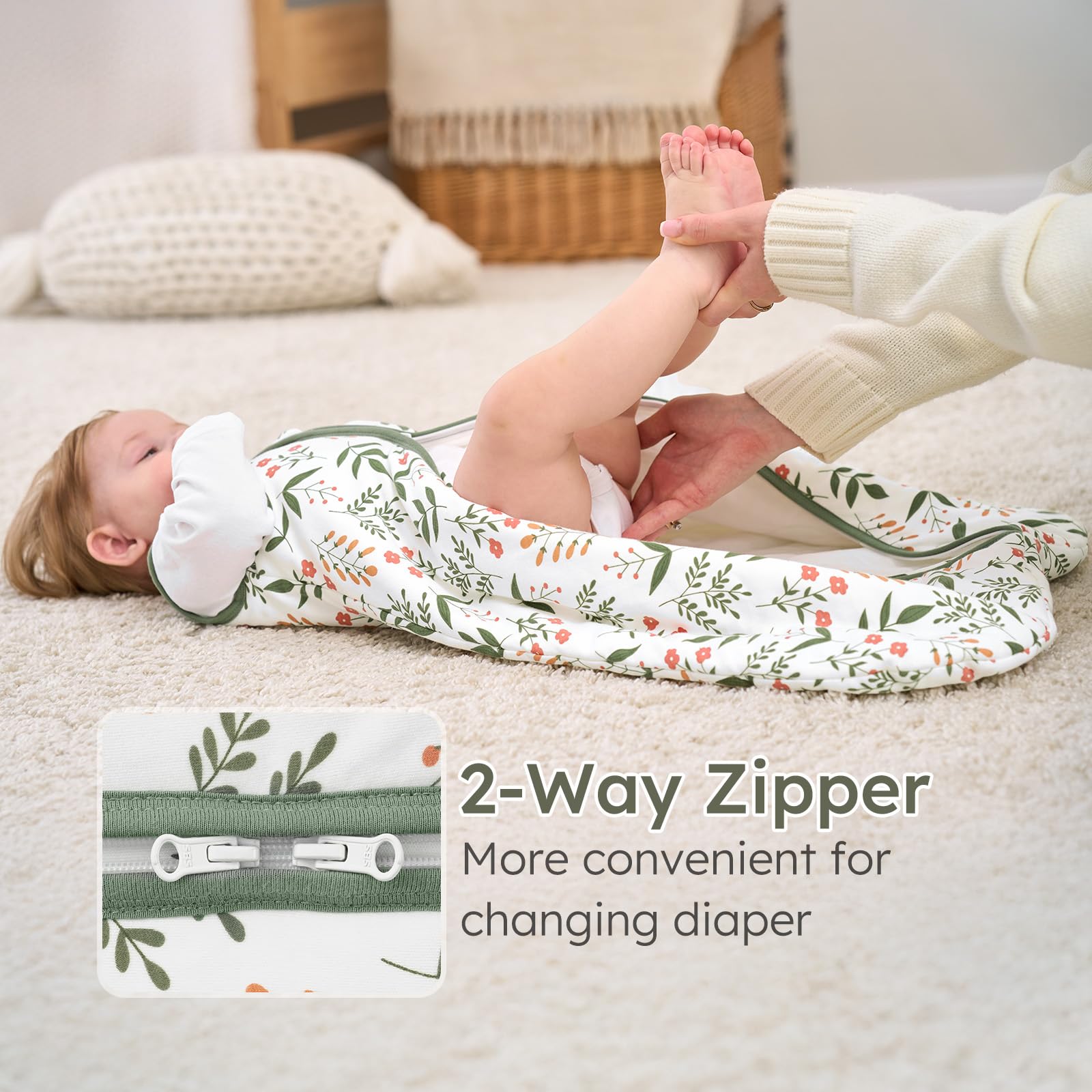 Yoofoss baby sleep sack bell-bottom view illustrating roomy design for movement and naps